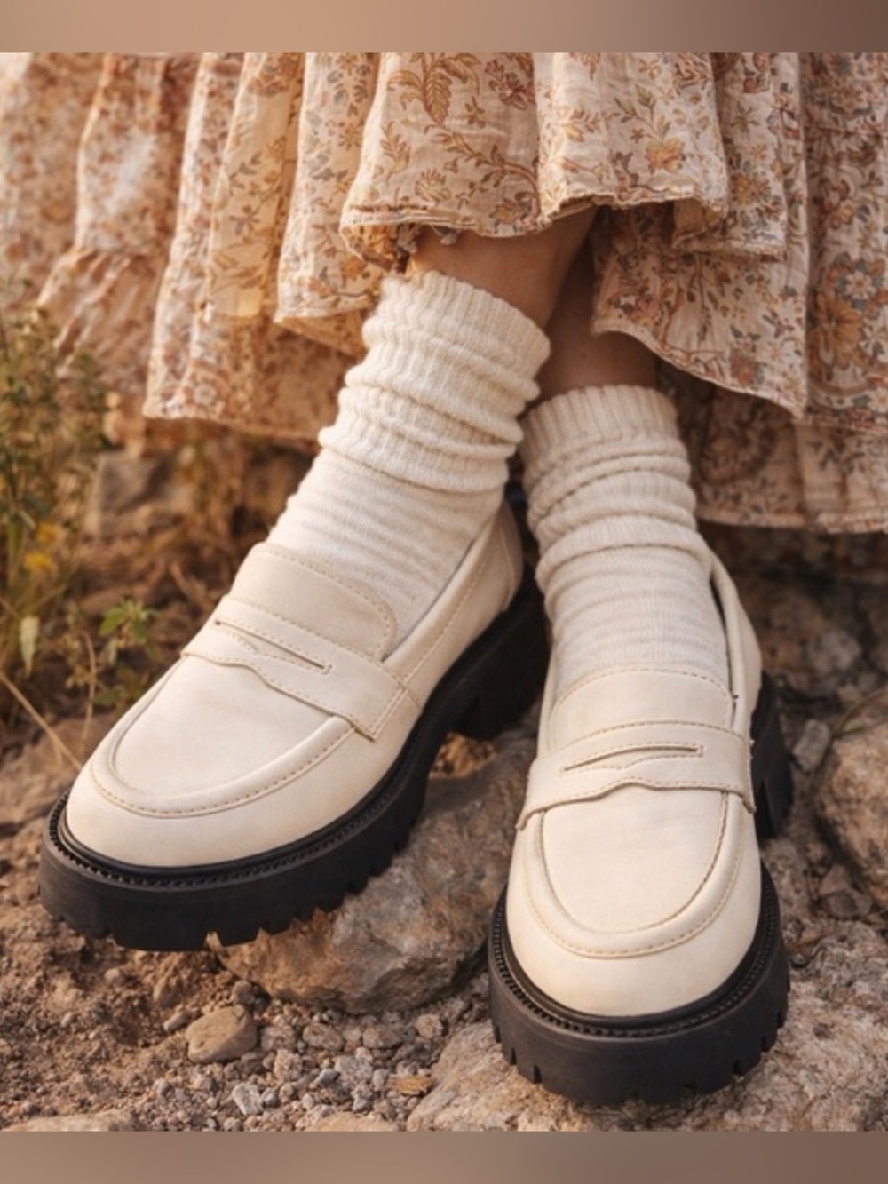 Free People Lyra Lug Sole Loafer Pearl Sand Cream Chunky Platform Shoe Size 8 - Picture 1 of 13